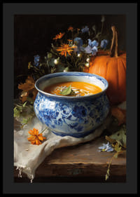 Bowl of creamy pumpkin soup surrounded by autumn flowers and a pumpkin.-4