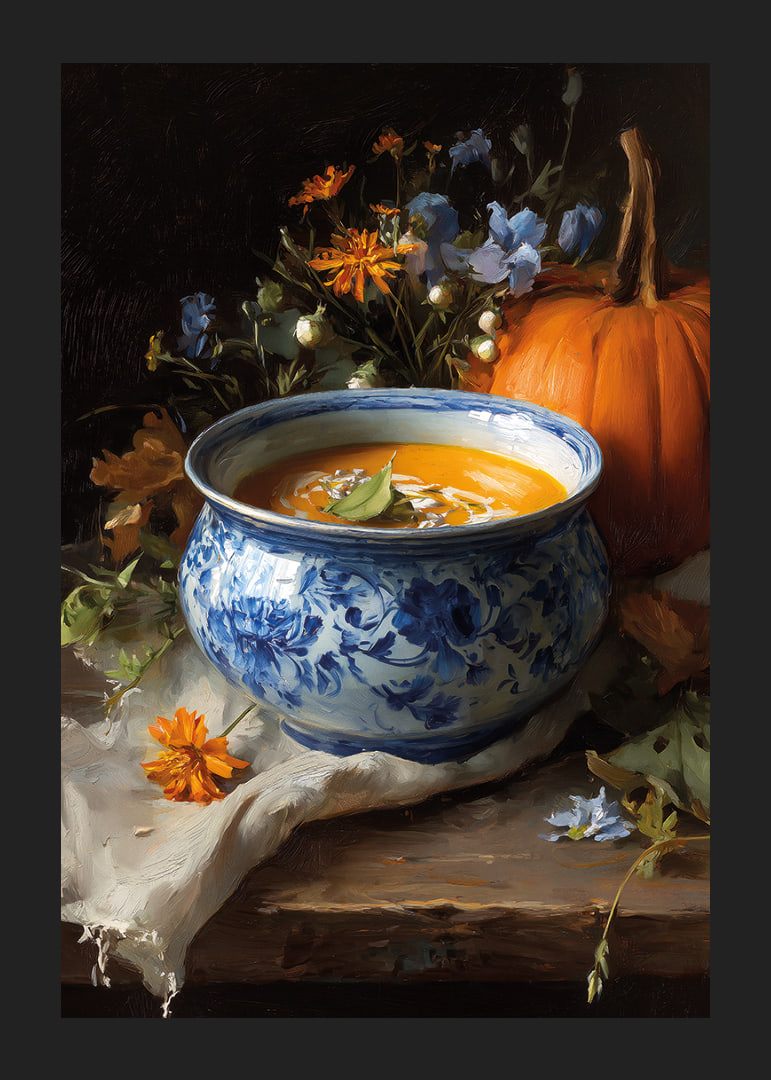 Bowl of creamy pumpkin soup surrounded by autumn flowers and a pumpkin.-12