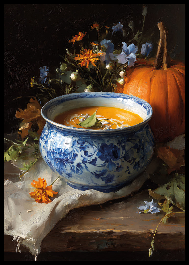 Bowl of creamy pumpkin soup surrounded by autumn flowers and a pumpkin.-12