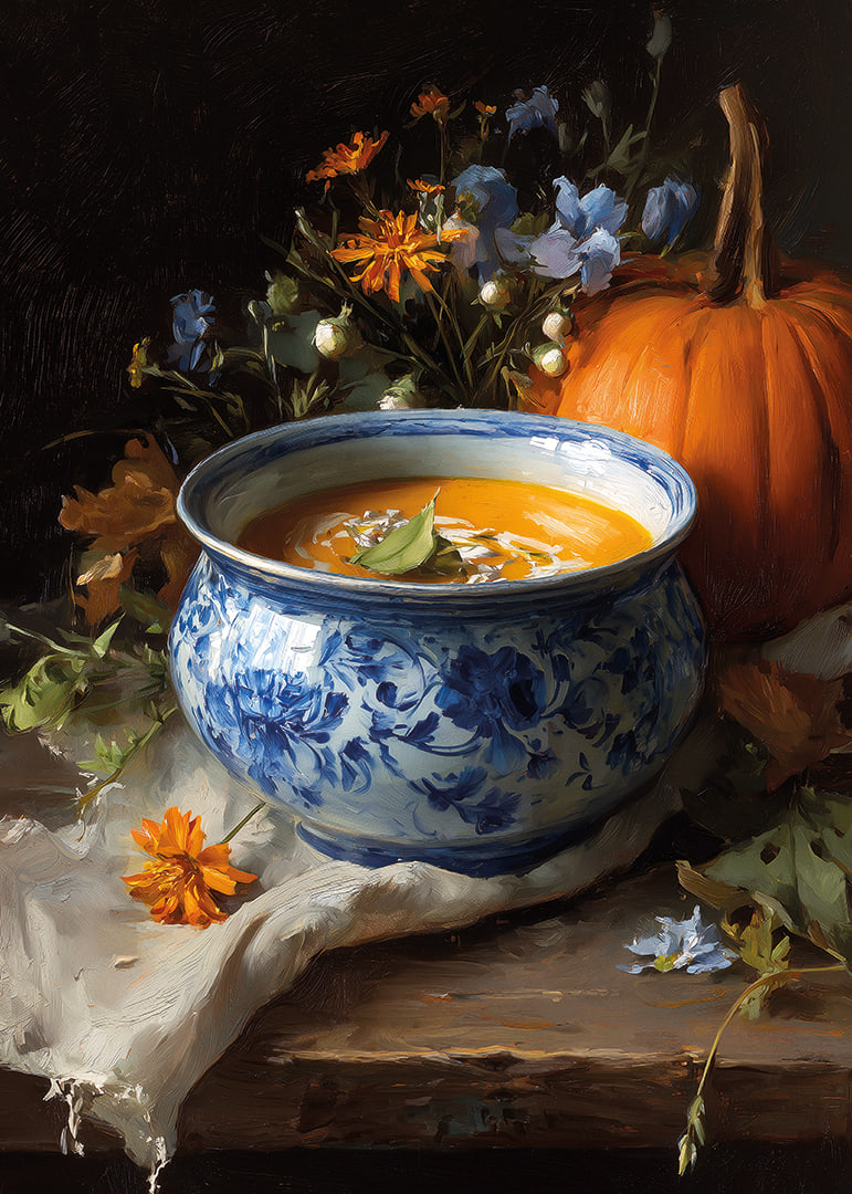 Bowl of creamy pumpkin soup surrounded by autumn flowers and a pumpkin.-12