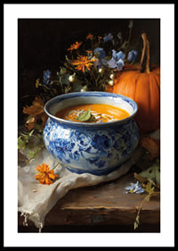 Bowl of creamy pumpkin soup surrounded by autumn flowers and a pumpkin.-0