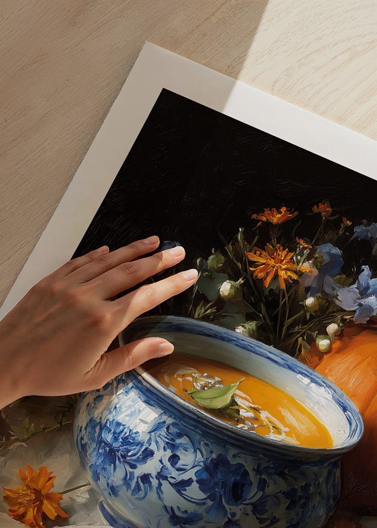 Bowl of creamy pumpkin soup surrounded by autumn flowers and a pumpkin.-12