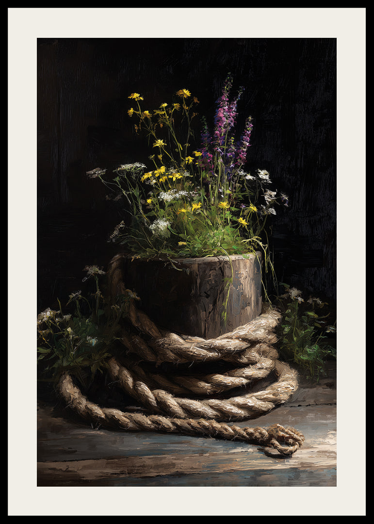 Wild flowers surrounded by rough rope in rustic harmony.-12