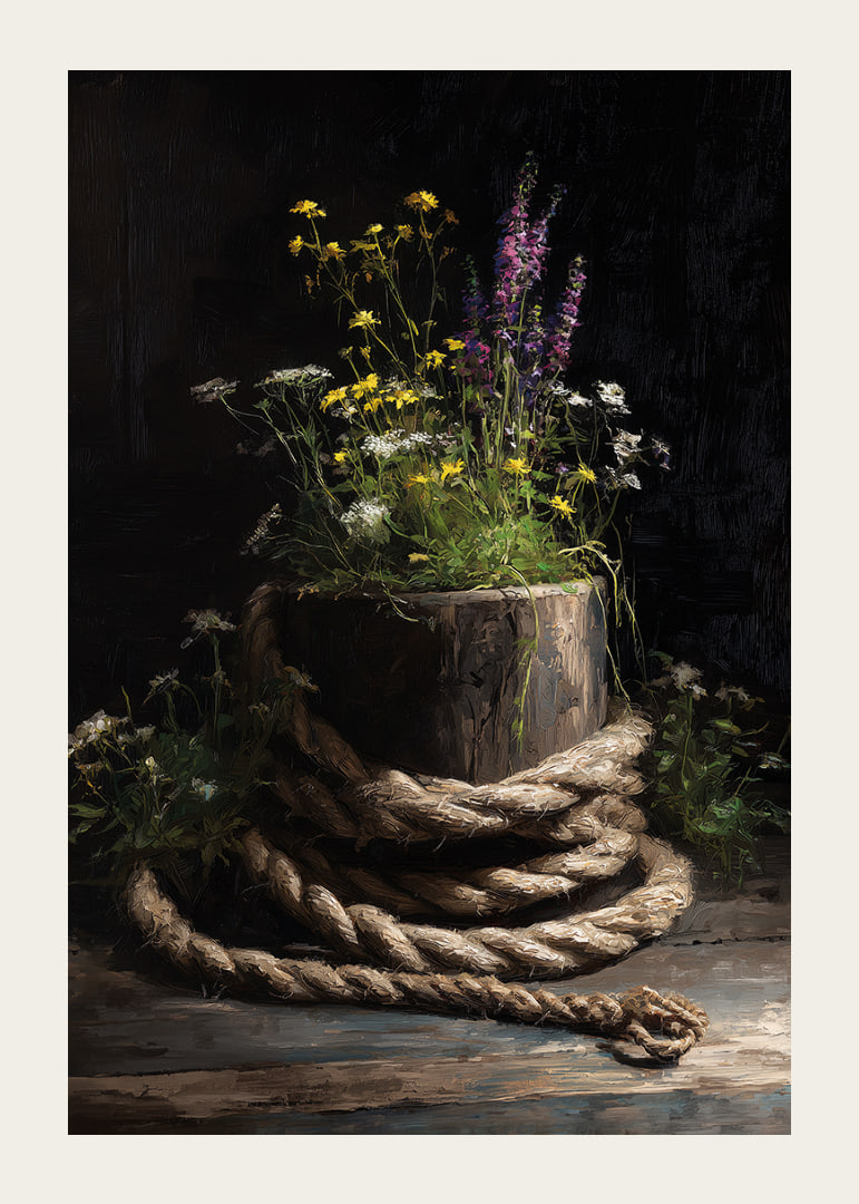 Wild flowers surrounded by rough rope in rustic harmony.-12
