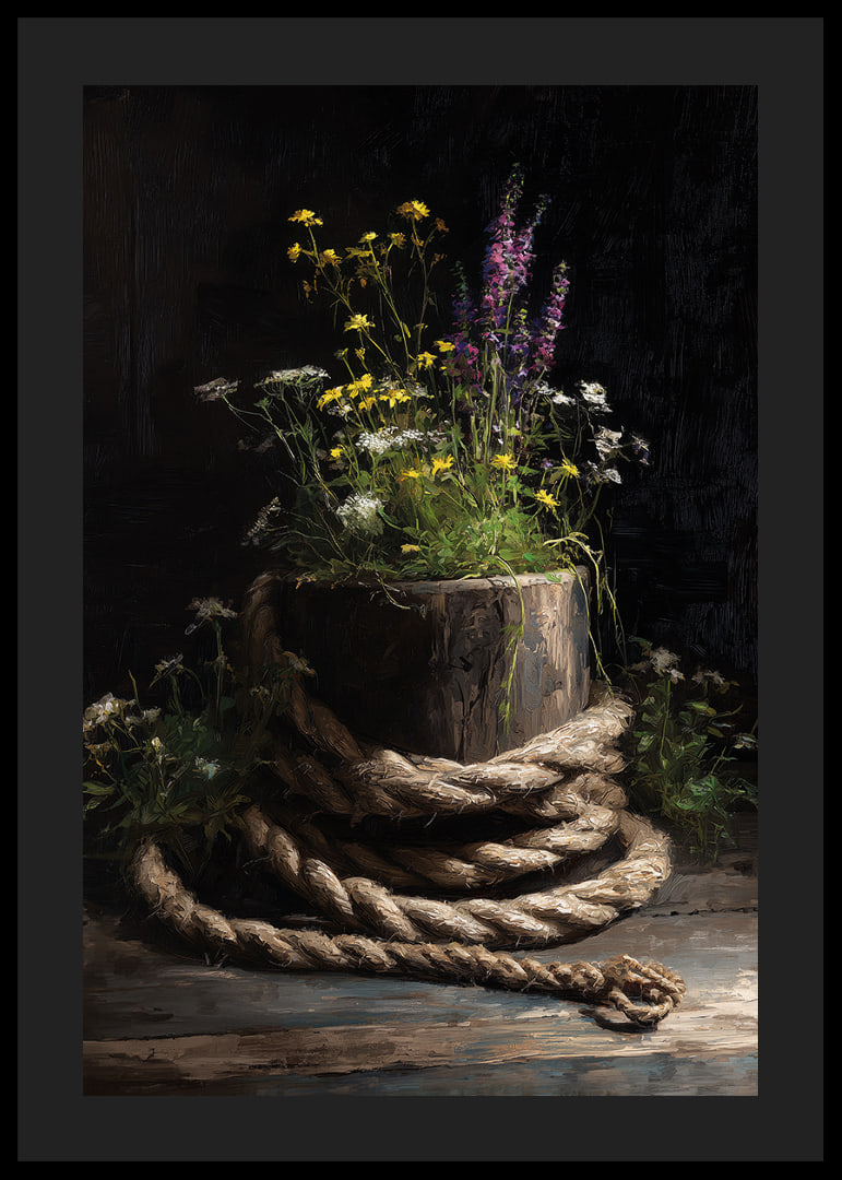 Wild flowers surrounded by rough rope in rustic harmony.-12