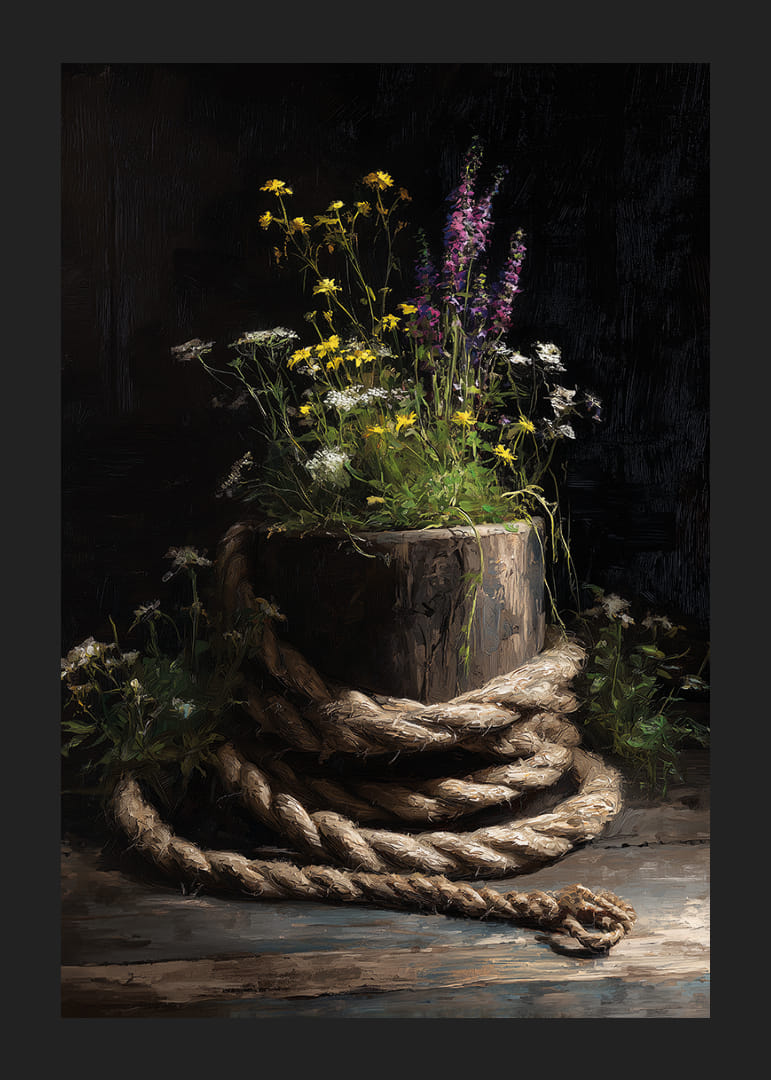 Wilde bloemen omgeven door ruw touw in rustieke harmonie.-12