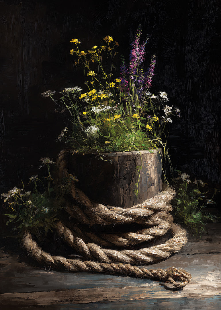 Wild flowers surrounded by rough rope in rustic harmony.-12