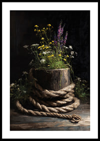 Wild flowers surrounded by rough rope in rustic harmony.-0