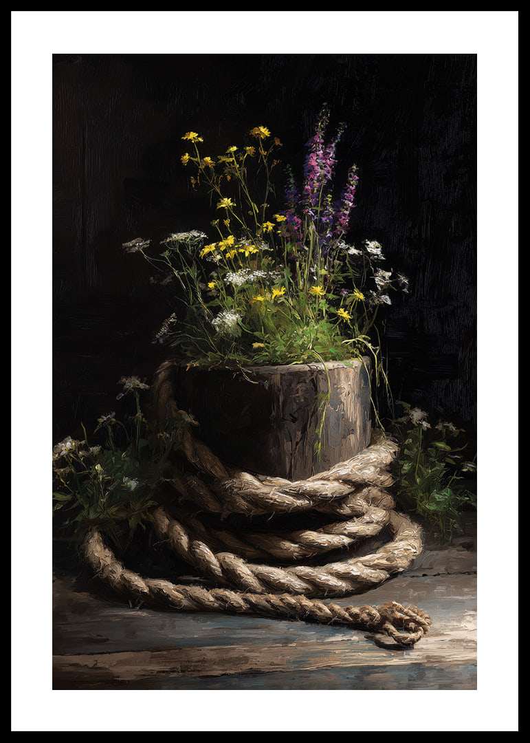 Wild flowers surrounded by rough rope in rustic harmony.-12