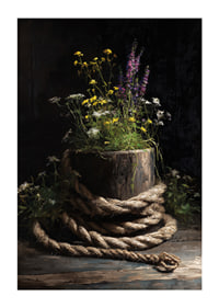 Wild flowers surrounded by rough rope in rustic harmony.-1
