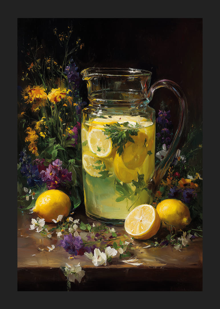 Un pichet de limonade rafraîchissant entouré de fleurs.-12