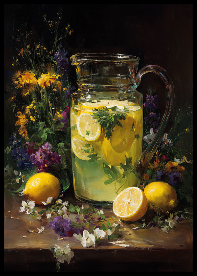 Osviežujúci džbán limonády obklopený kvetmi.-12