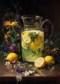 Osviežujúci džbán limonády obklopený kvetmi.-3