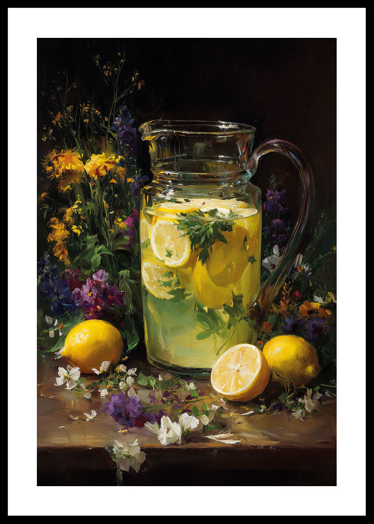 Osviežujúci džbán limonády obklopený kvetmi.-12