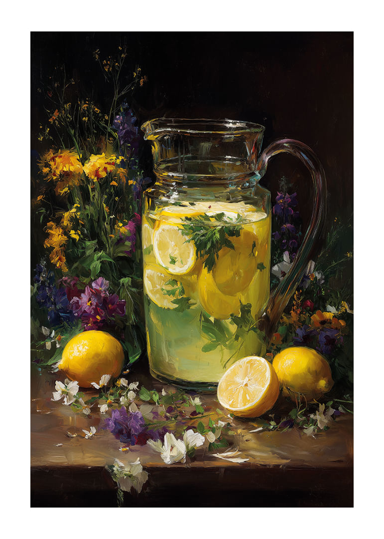 Osviežujúci džbán limonády obklopený kvetmi.-12