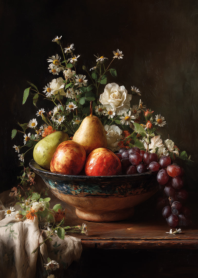 Colorful fruits and flowers in harmonious balance.-12