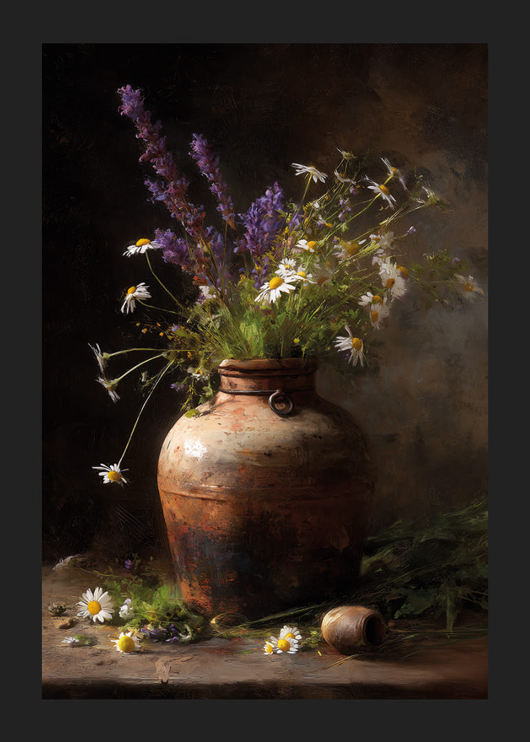 Laukinių gėlių žavesys kaimiškame vazone užburia kambarį.-12