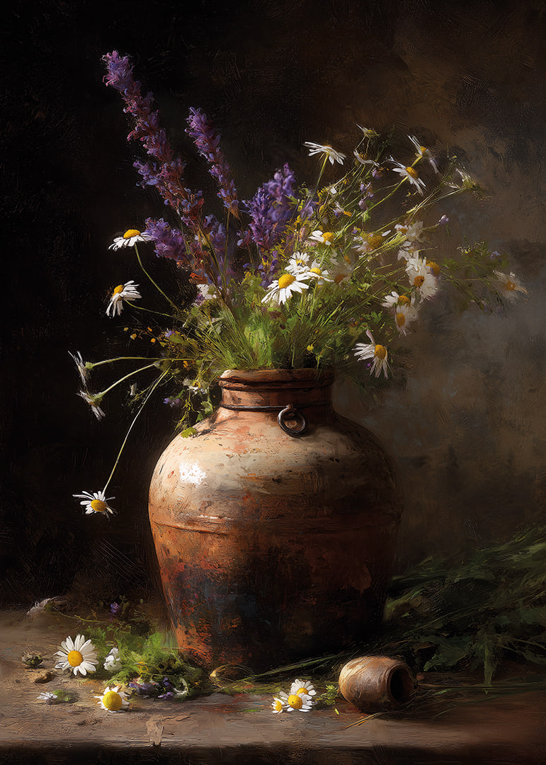 Der Charme von Wildblumen in einem rustikalen Topf verzaubert den Raum.-12