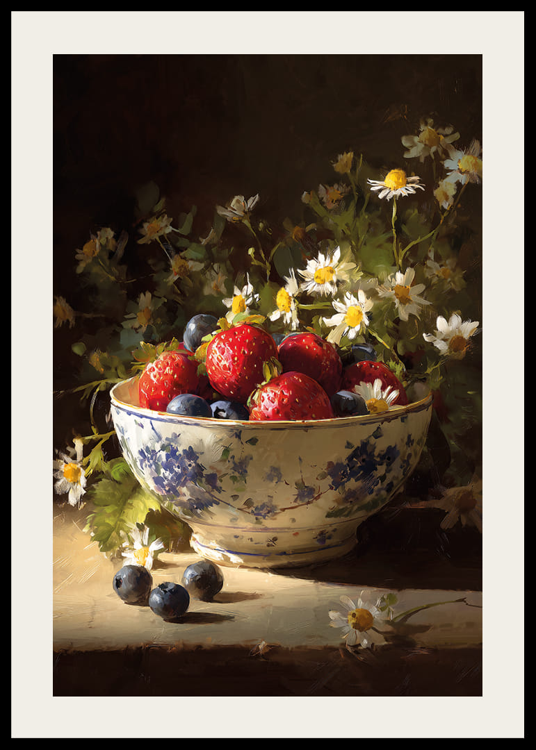 Frugt og blomster stråler i et harmonisk stilleben.-12