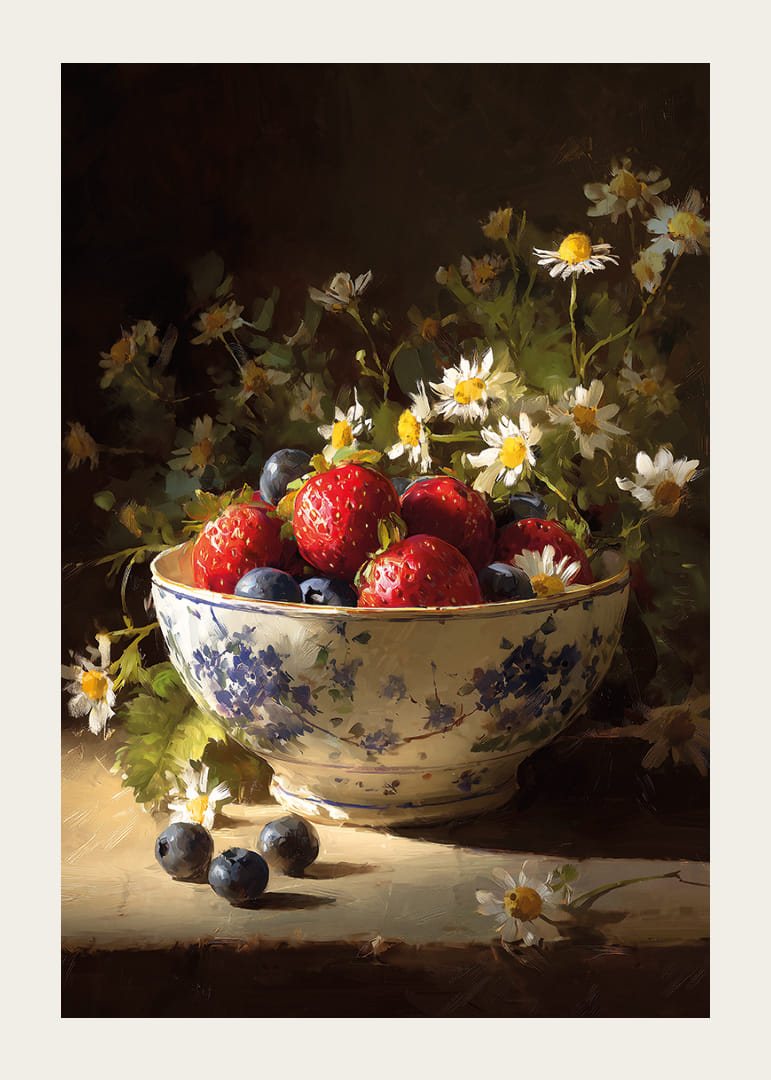 Frugt og blomster stråler i et harmonisk stilleben.-12