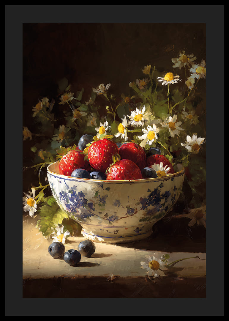 Frugt og blomster stråler i et harmonisk stilleben.-12