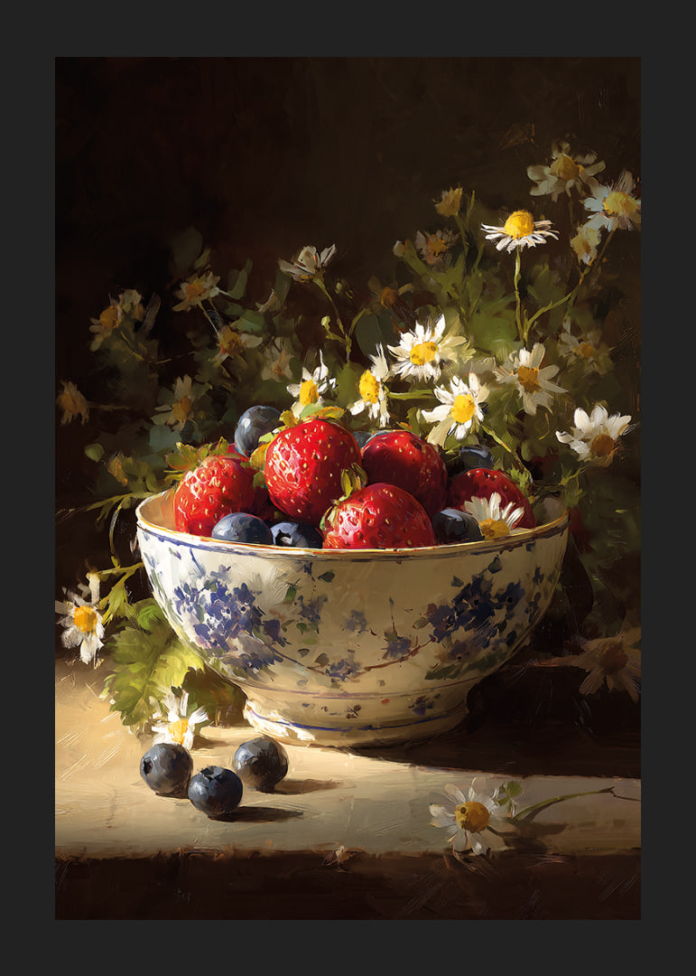 Frukt och blommor strålar i ett harmoniskt stilleben.-12