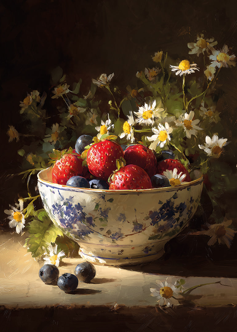 Frukt och blommor strålar i ett harmoniskt stilleben.-12