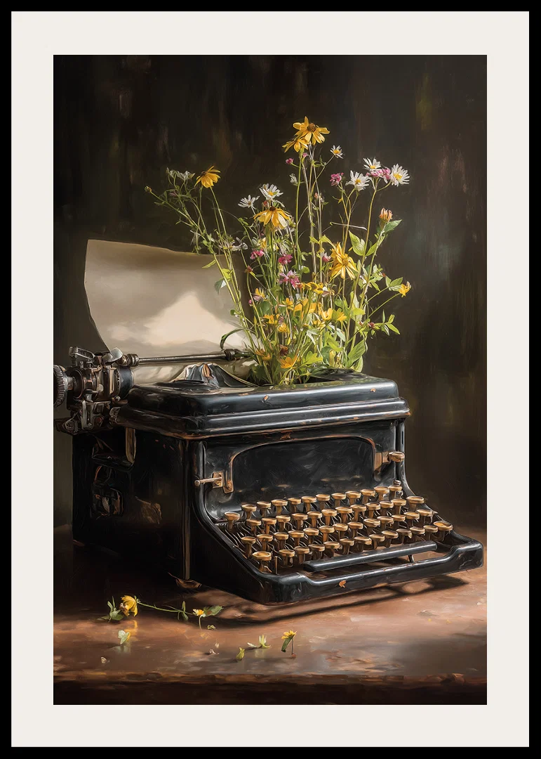 A typewriter with flowers creates a nostalgic feeling.-12