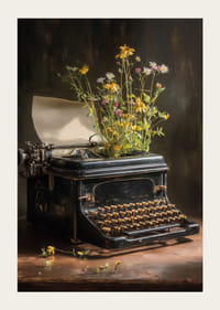 Een typemachine met bloemen roept een nostalgisch gevoel op.-3
