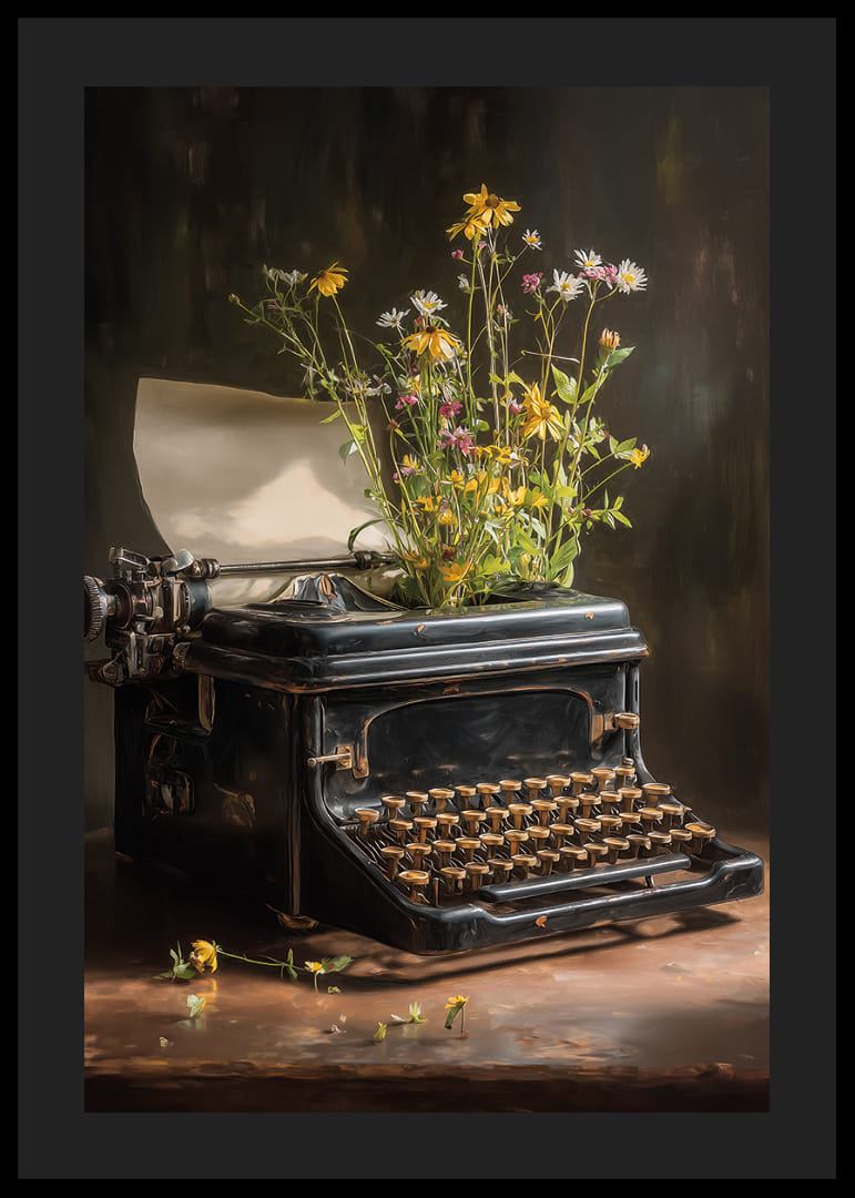 Een typemachine met bloemen roept een nostalgisch gevoel op.-12