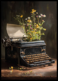 Une machine à écrire avec des fleurs crée un sentiment nostalgique.-2