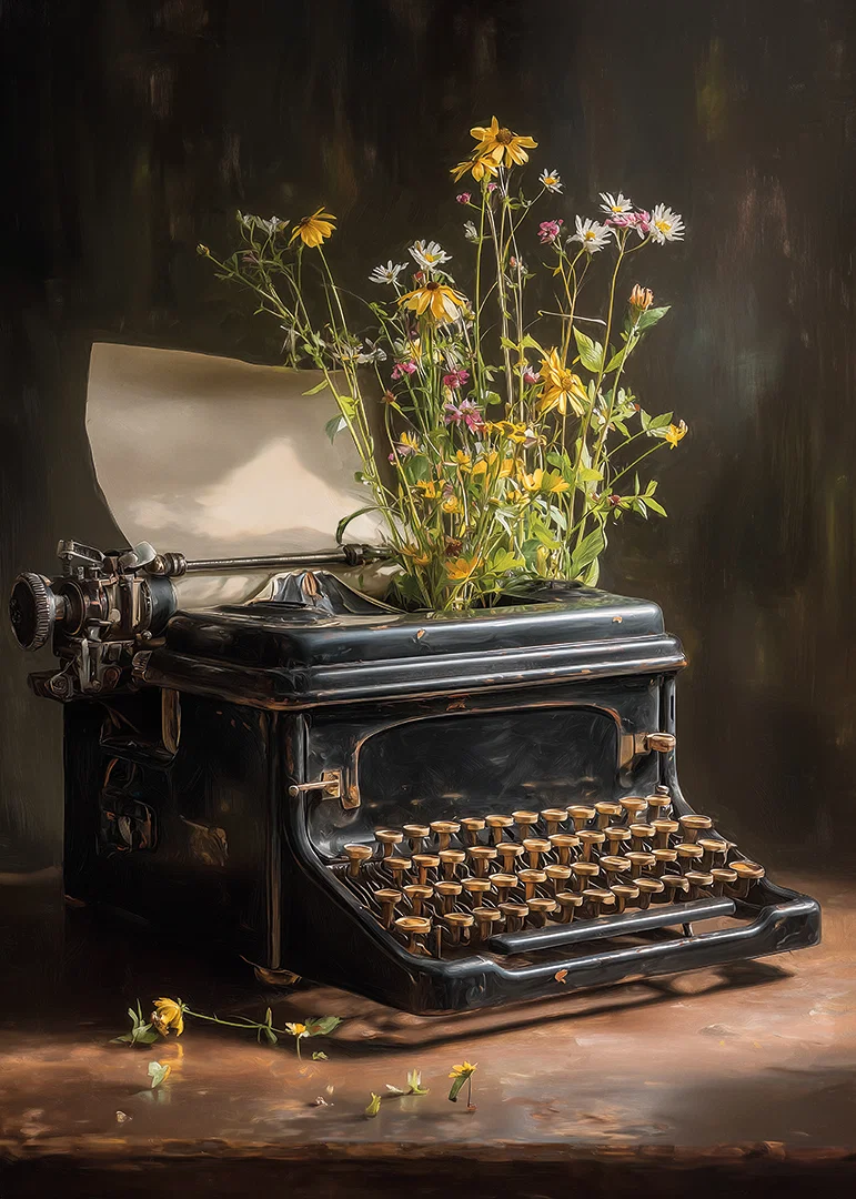 A typewriter with flowers creates a nostalgic feeling.-12