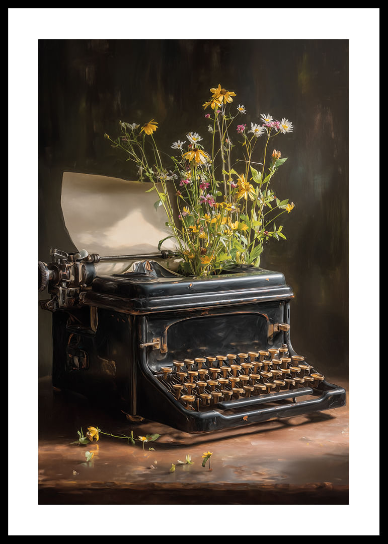 Une machine à écrire avec des fleurs crée un sentiment nostalgique.-12
