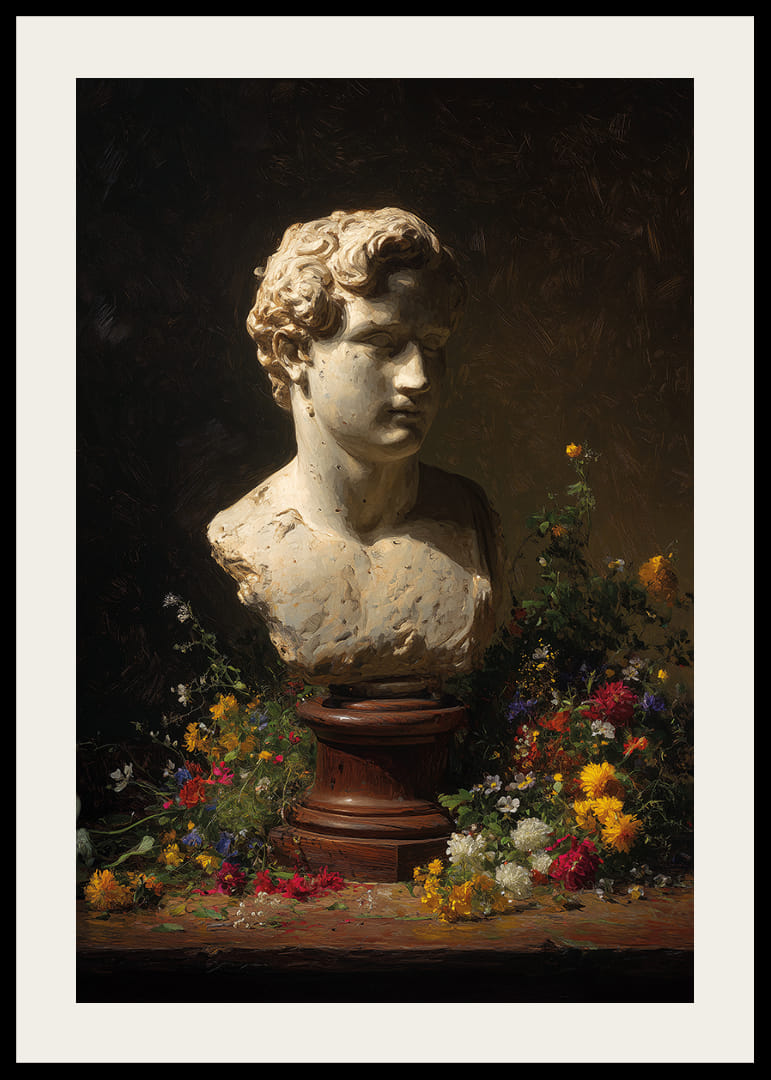 Antikvarinis biustas, apsuptas spalvingų gėlių subtiliame apšvietime.-12