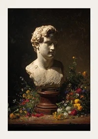 Antique bust surrounded by colorful flowers in subtle lighting.-3