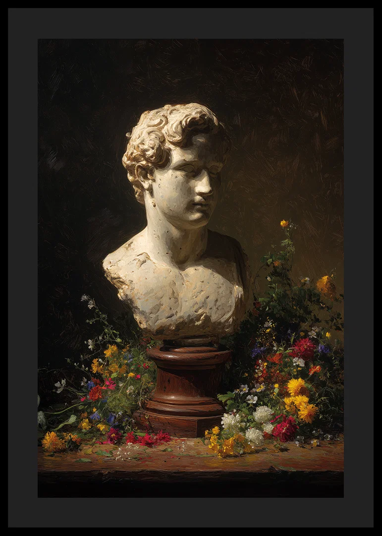 Antique bust surrounded by colorful flowers in subtle lighting.-12