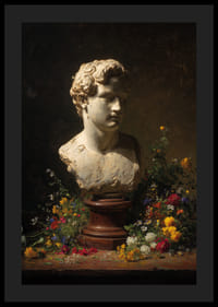 Antikvarinis biustas, apsuptas spalvingų gėlių subtiliame apšvietime.-4