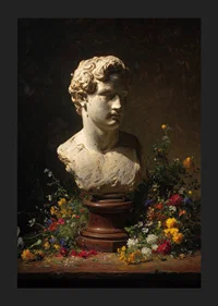 Antique bust surrounded by colorful flowers in subtle lighting.-5