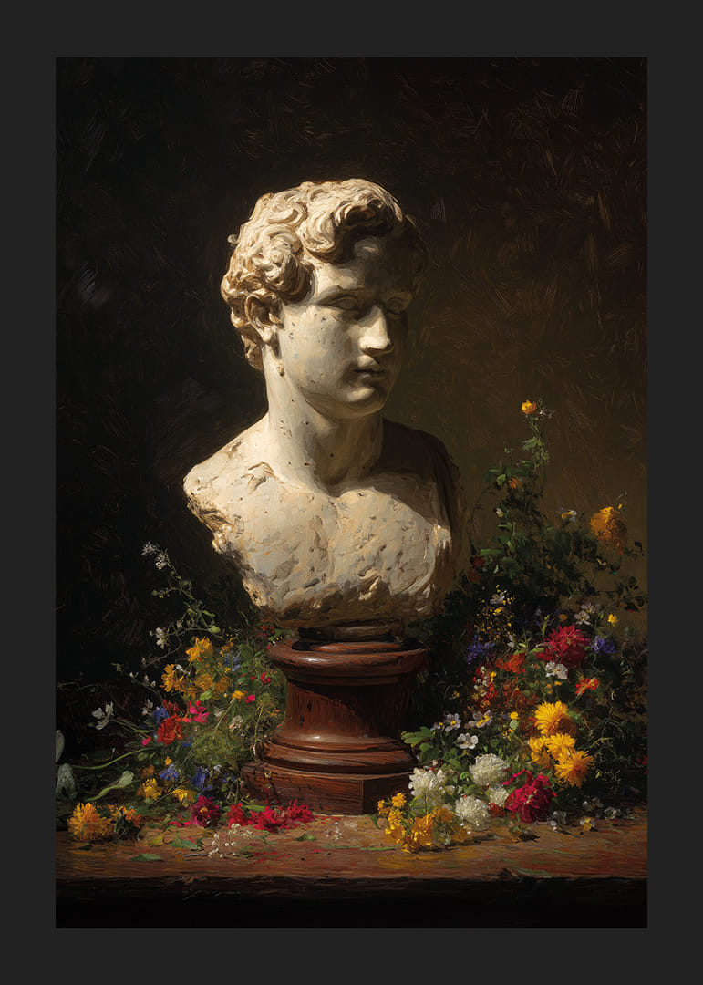 Antikvarinis biustas, apsuptas spalvingų gėlių subtiliame apšvietime.-12