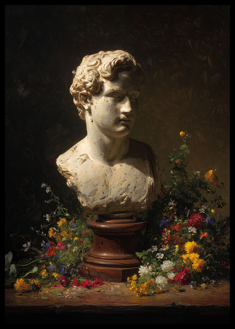 Buste antique entouré de fleurs colorées dans un éclairage subtil.-12
