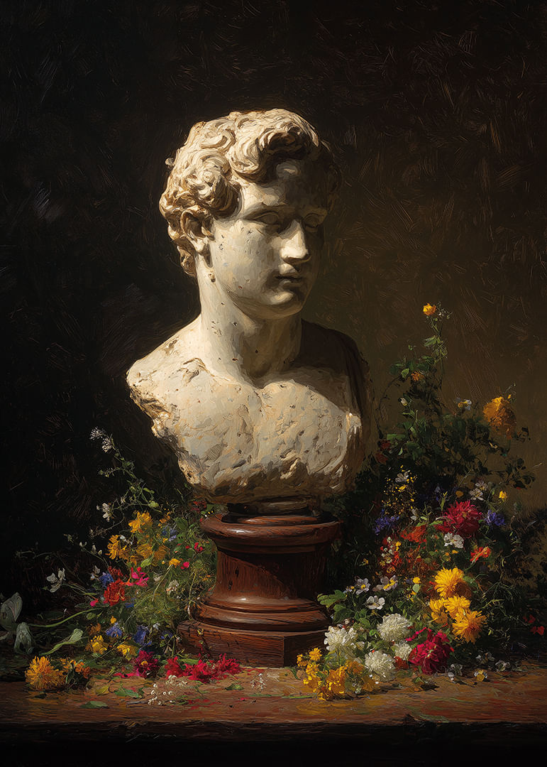Buste antique entouré de fleurs colorées dans un éclairage subtil.-12