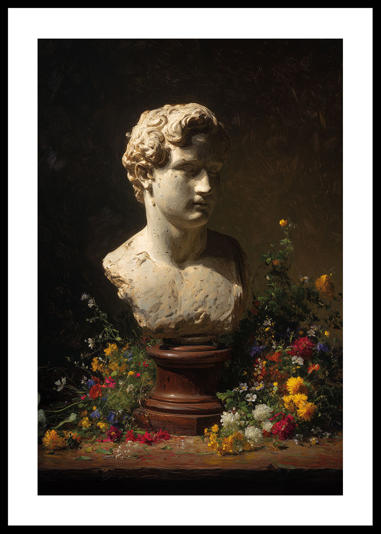 Buste antique entouré de fleurs colorées dans un éclairage subtil.-12