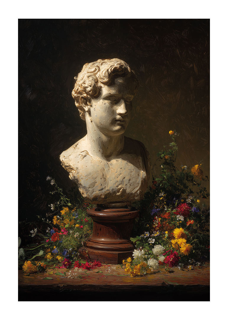 Buste antique entouré de fleurs colorées dans un éclairage subtil.-12