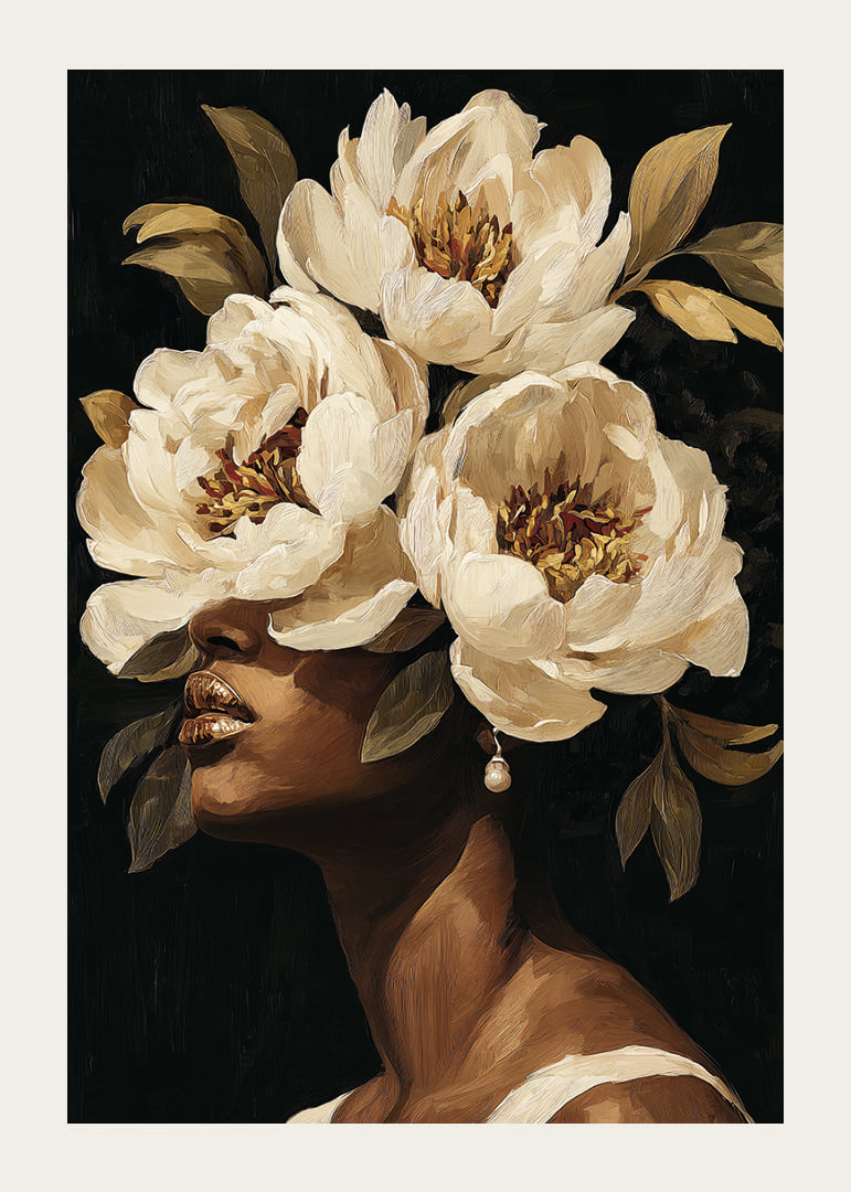 Blooming flowers surround a woman's face-12