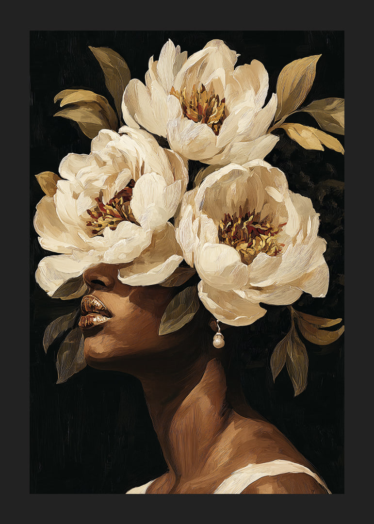 Blooming flowers surround a woman's face-12