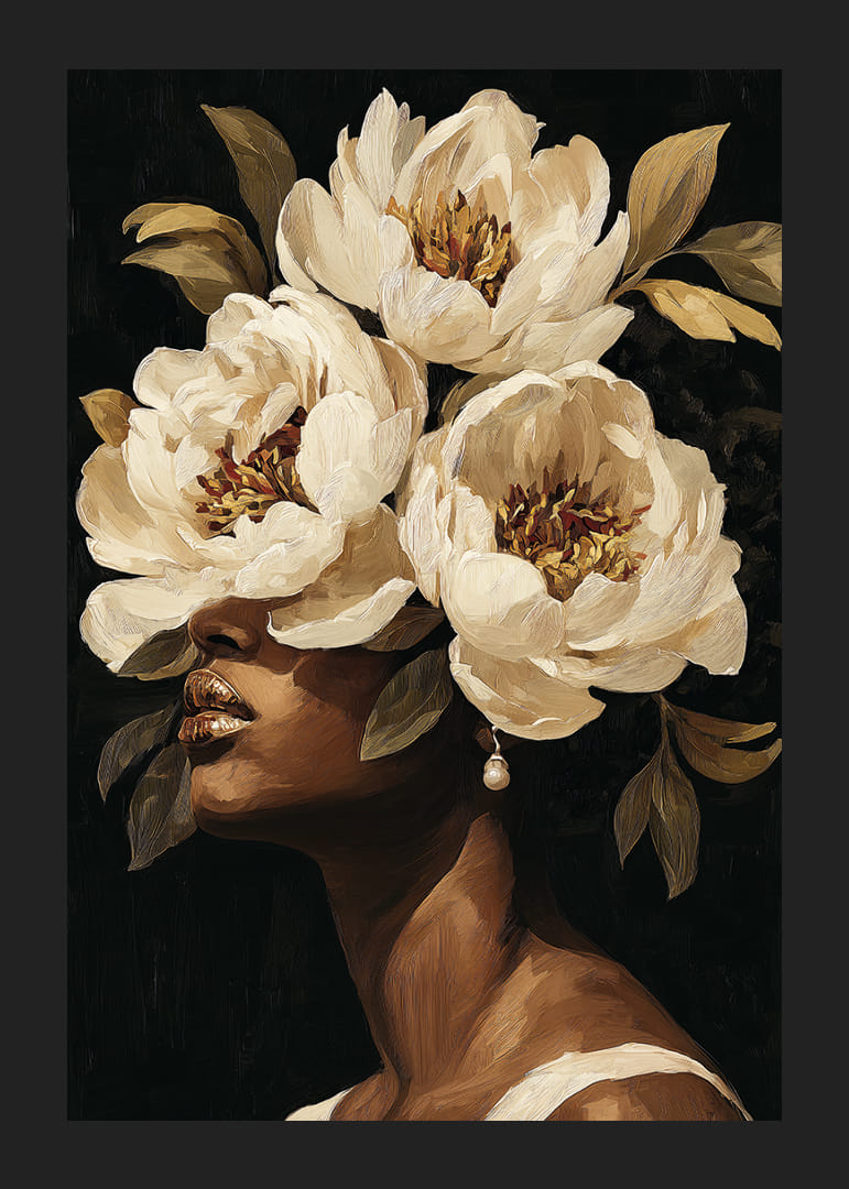 Blomstrande blommor omsluter en kvinnas ansikte-12