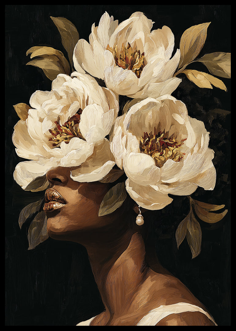 Blooming flowers surround a woman's face-12