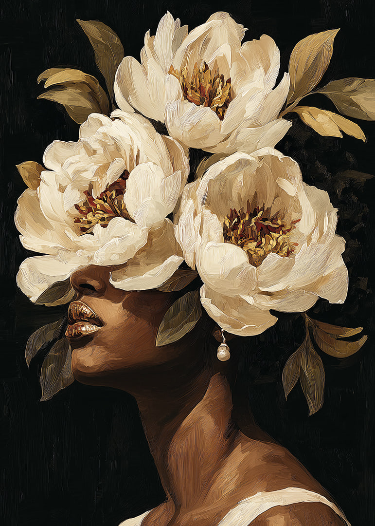 Blooming flowers surround a woman's face-12