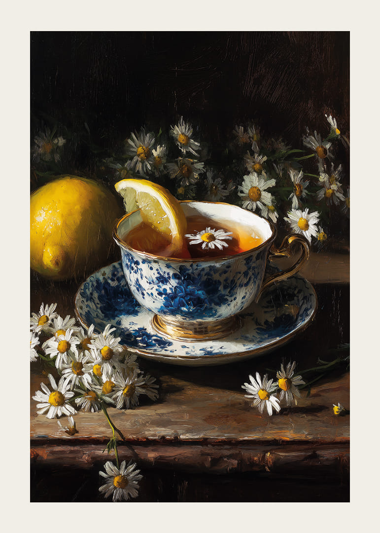 En harmonisk tekopp omgiven av kamomillblommor och citron.-12