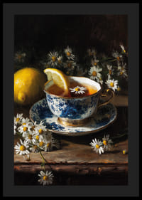 En harmonisk tekopp omgiven av kamomillblommor och citron.-4